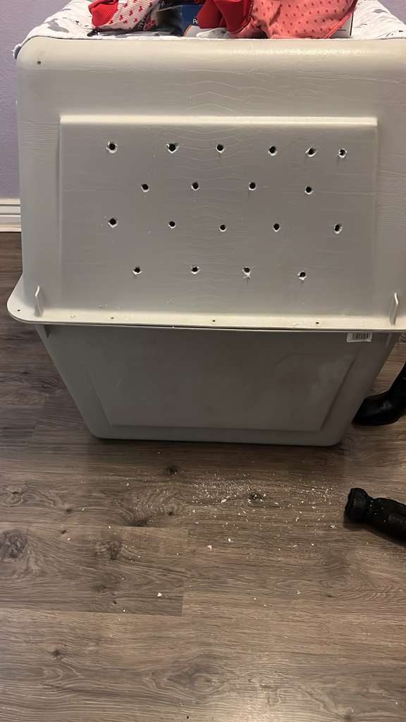 Ventilation holes drilled across the back panel of a crate