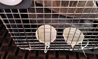 Two water bowls zip-tied to the inside of the crate door